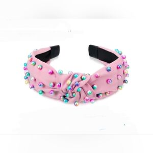Pink Knotted Headband Adorned With Multicolored Faux Pearls BNIB